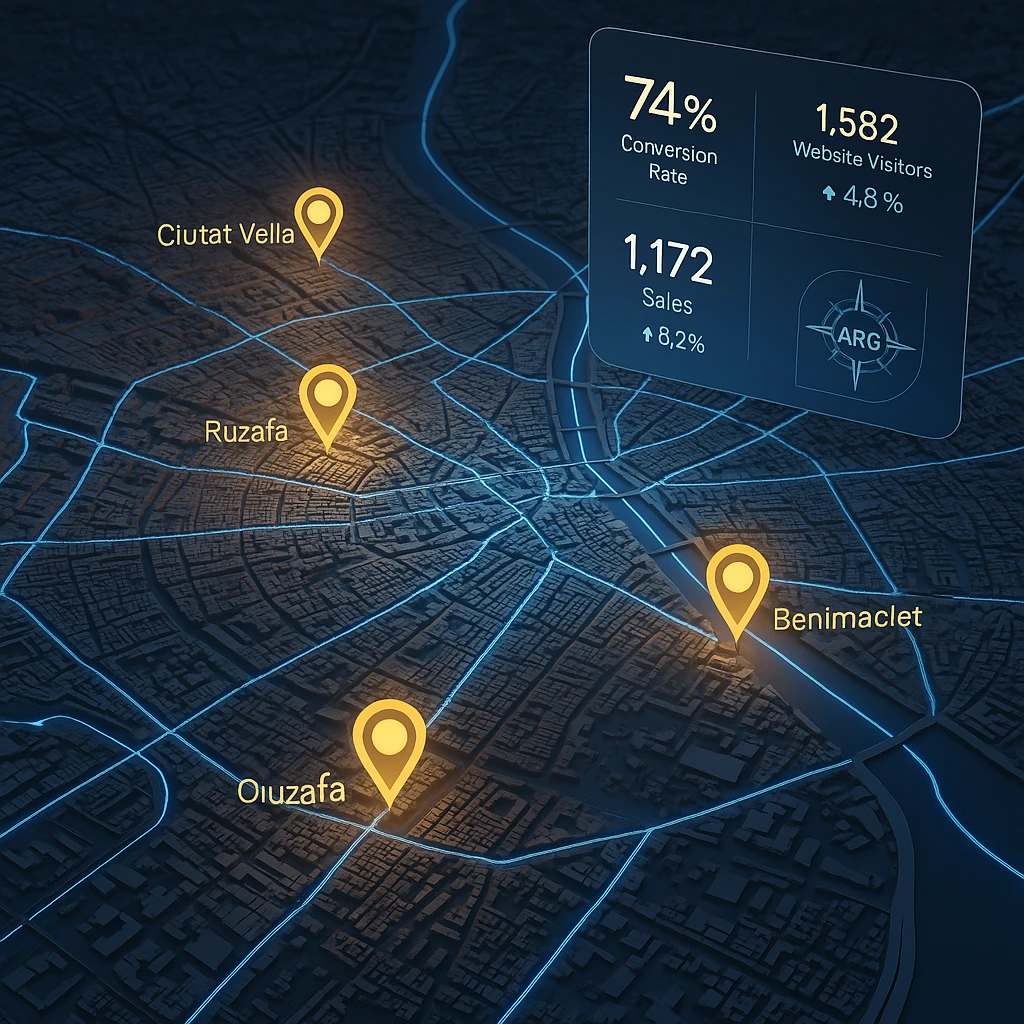 Mapa 3D de Valencia con conexiones de datos y logotipo de ARG