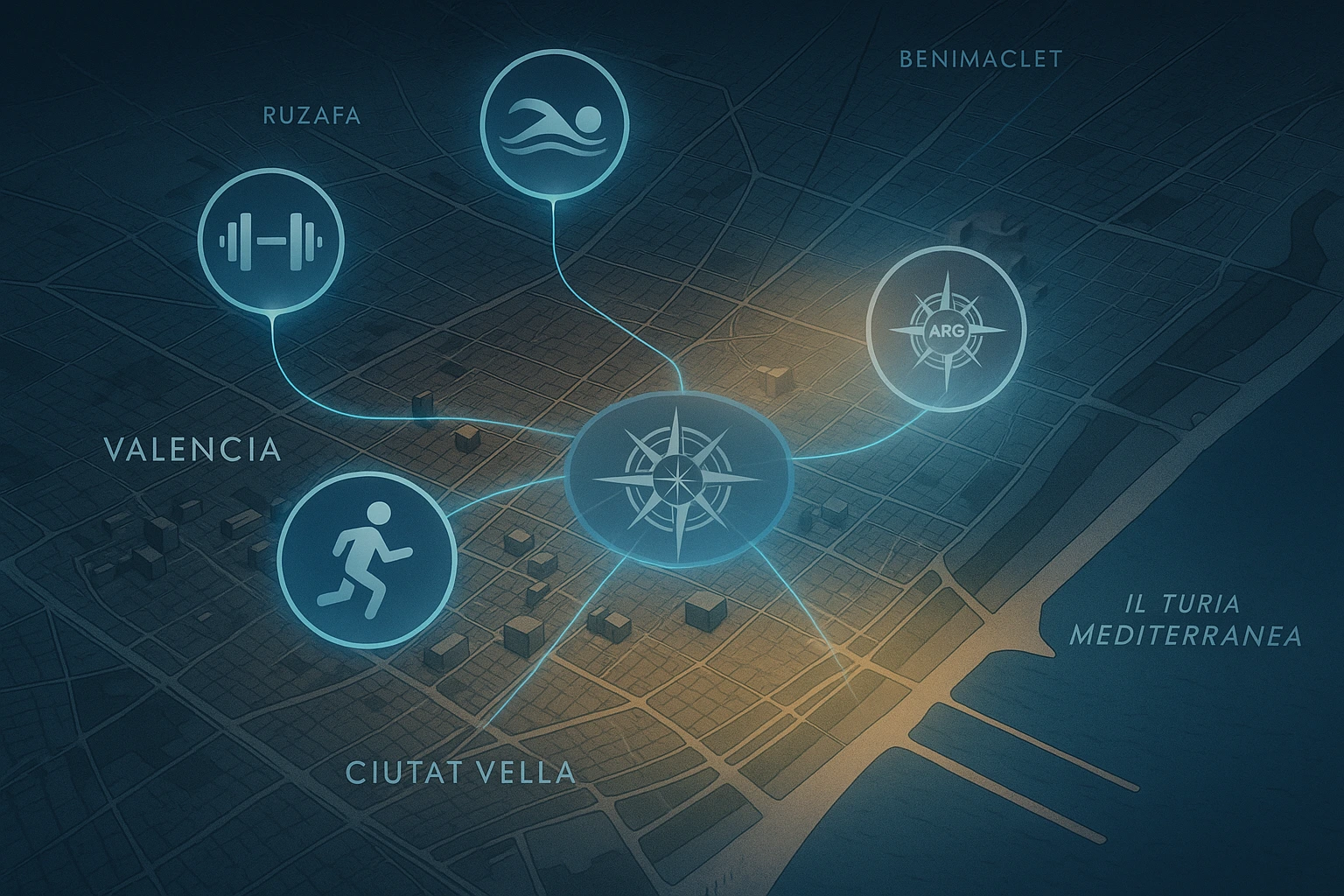 Mapa estilizado de Valencia con iconos deportivos conectados a ARG
