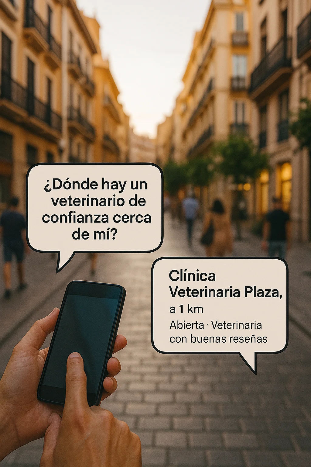 Escena urbana en Valencia con conversación de búsqueda mostrada sobre la calle