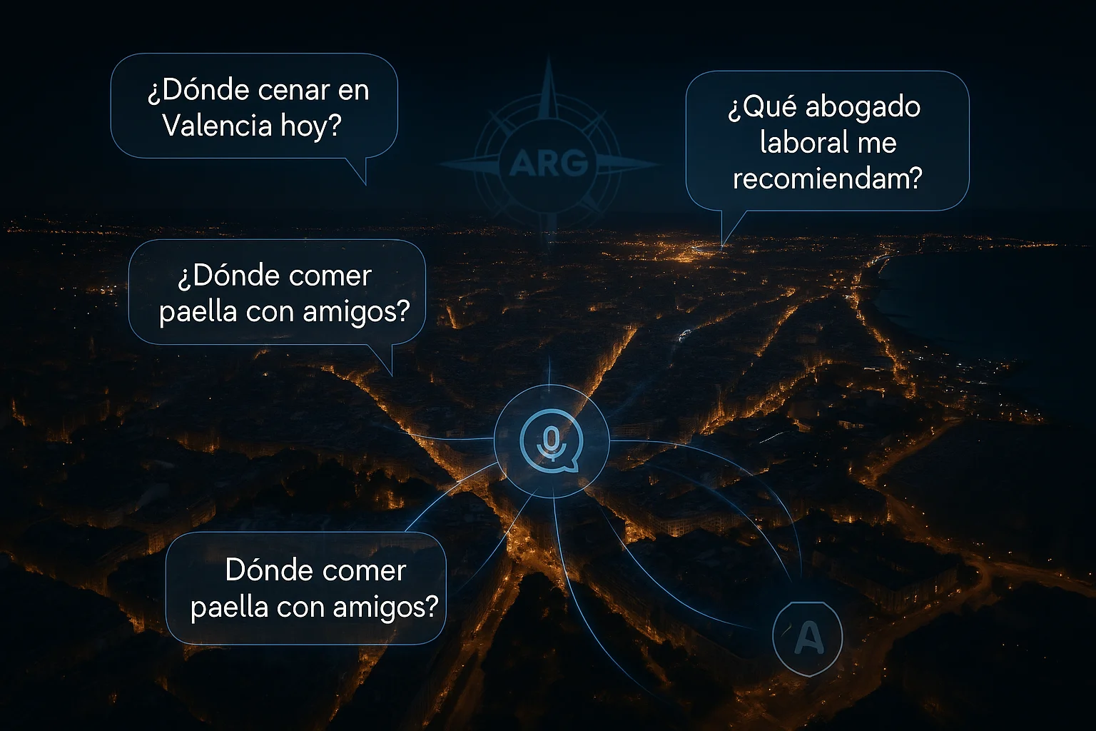Vista aérea de Valencia con globos de preguntas y nodo central de ARG