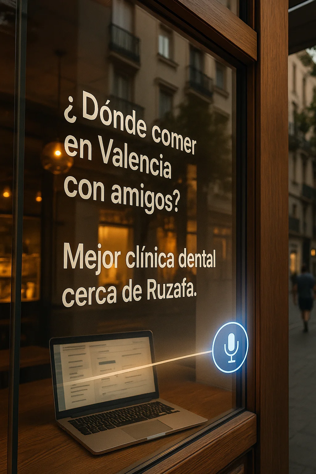 Escaparate de un negocio en Valencia con proyecciones de búsquedas conversacionales