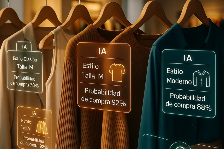 Showroom de moda con etiquetas holográficas de IA sobre cada prenda