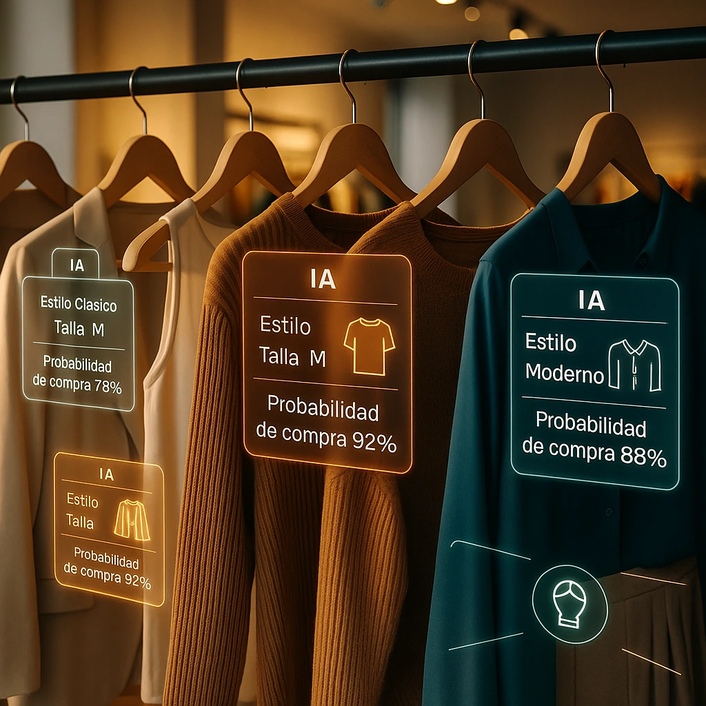 Showroom de moda con etiquetas holográficas de IA sobre cada prenda