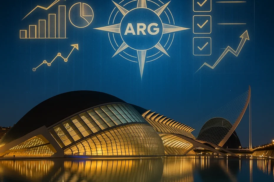 Ciudad de las Artes y las Ciencias con proyecciones de datos y logotipo de ARG