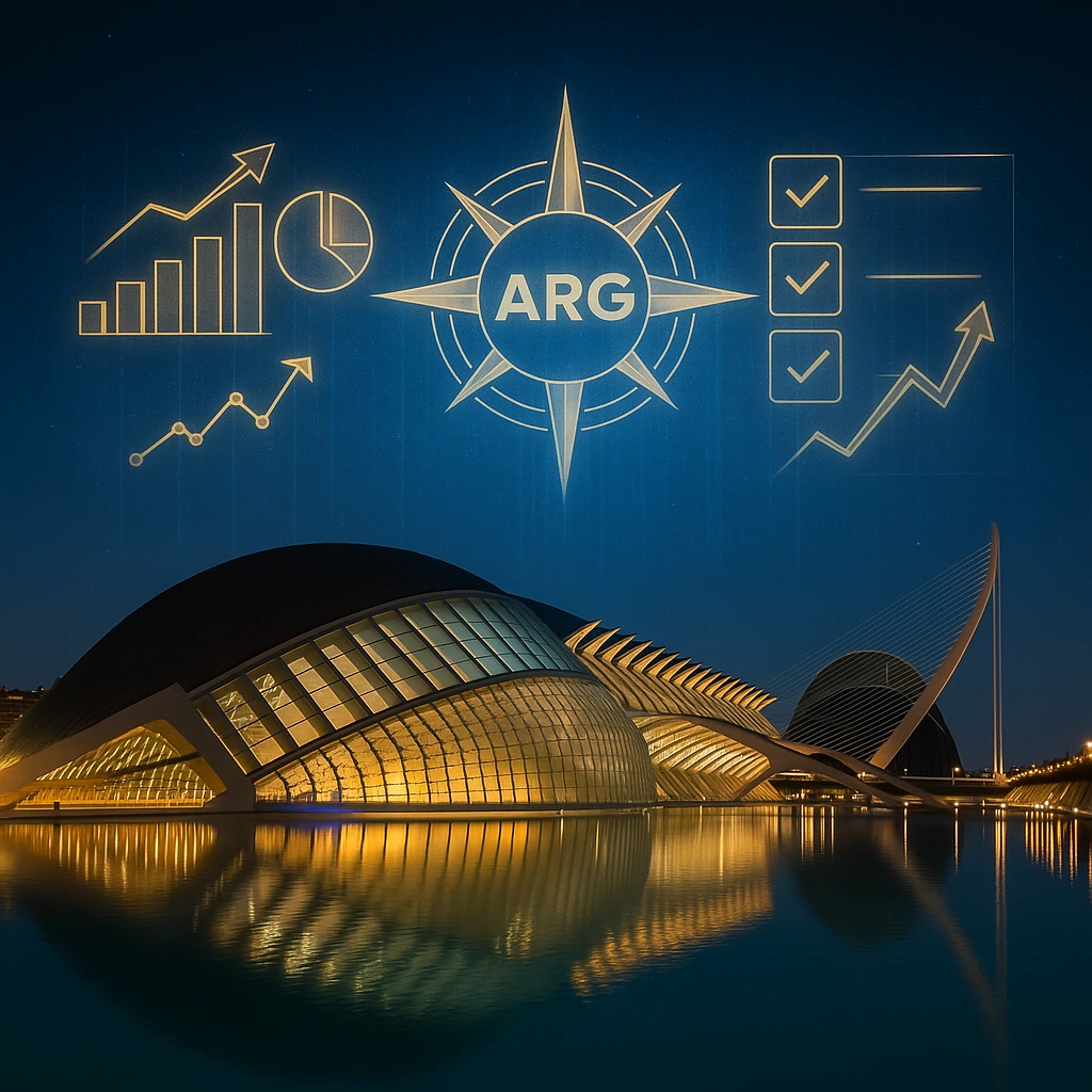 Ciudad de las Artes y las Ciencias con proyecciones de datos y logotipo de ARG