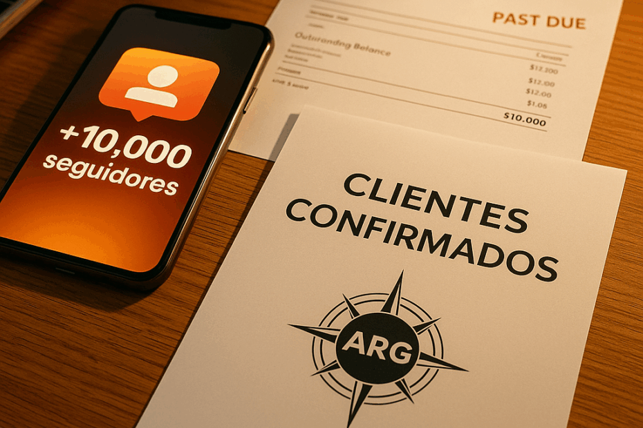 Móvil con muchos seguidores junto a factura sin pagar y lista de clientes confirmados