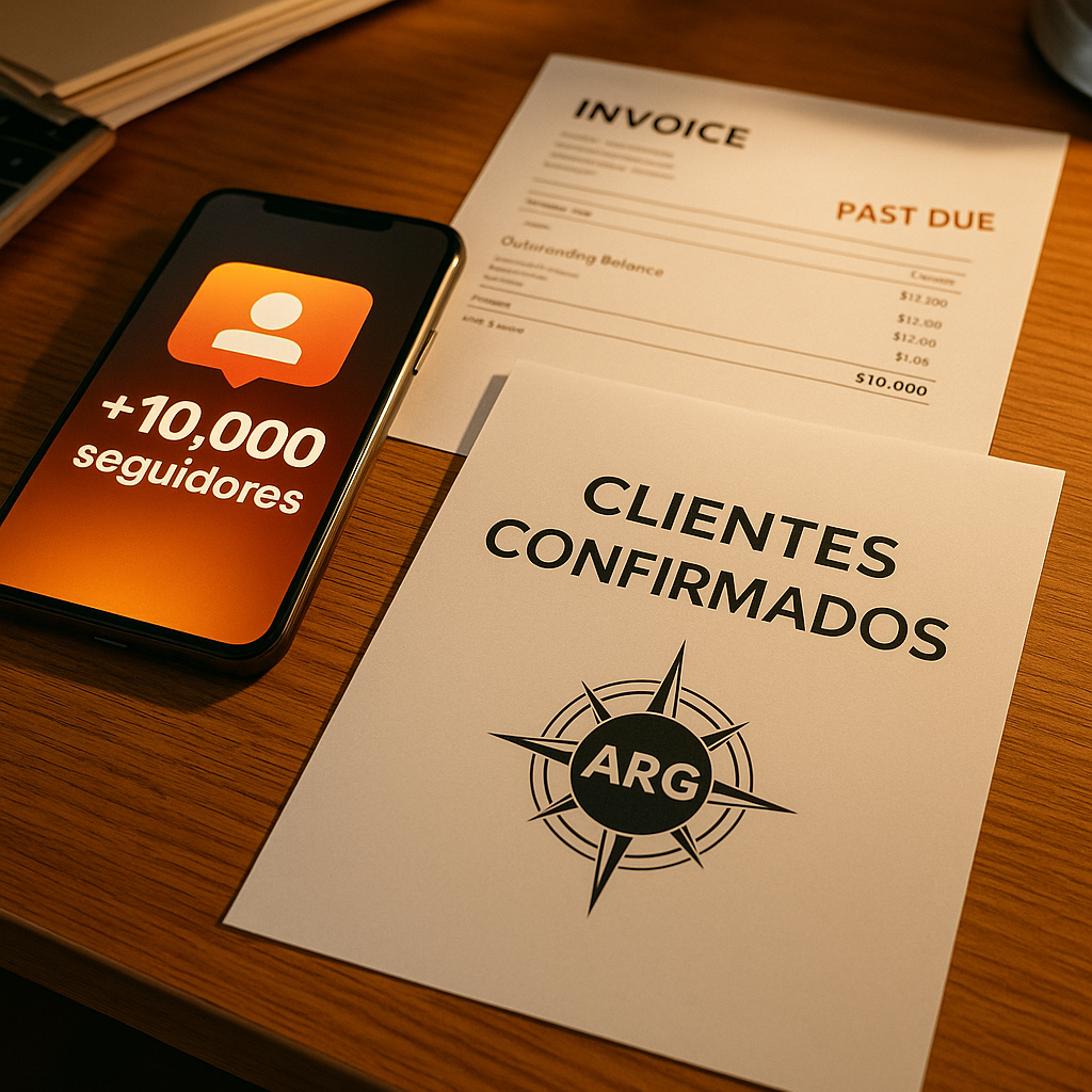 Móvil con muchos seguidores junto a factura sin pagar y lista de clientes confirmados