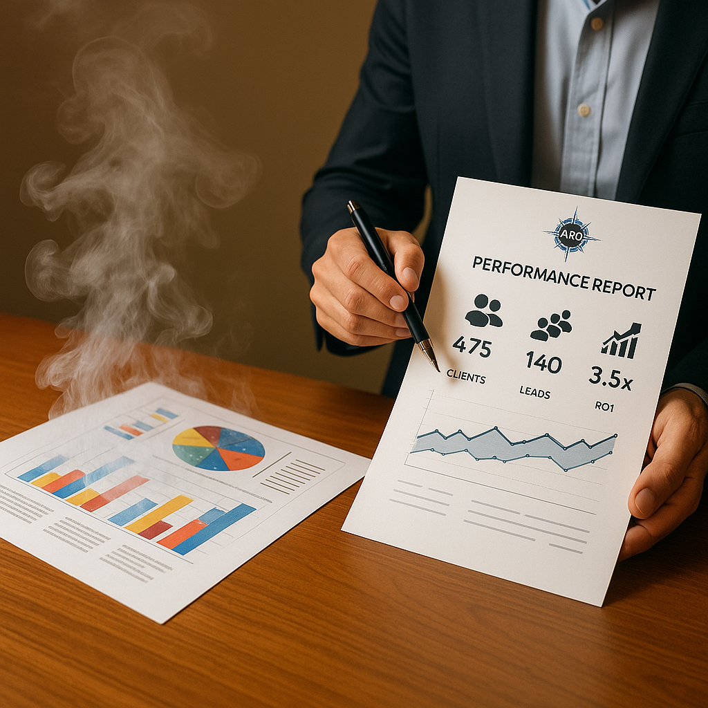 Informe de métricas de vanidad en humo frente a informe claro con resultados