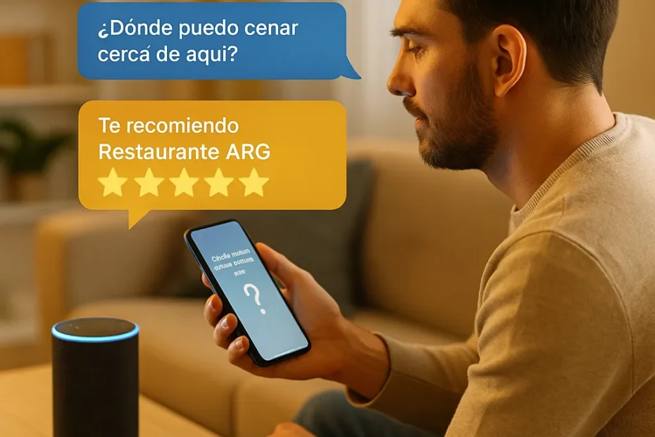 Persona preguntando a Alexa y recibiendo recomendación de un negocio local