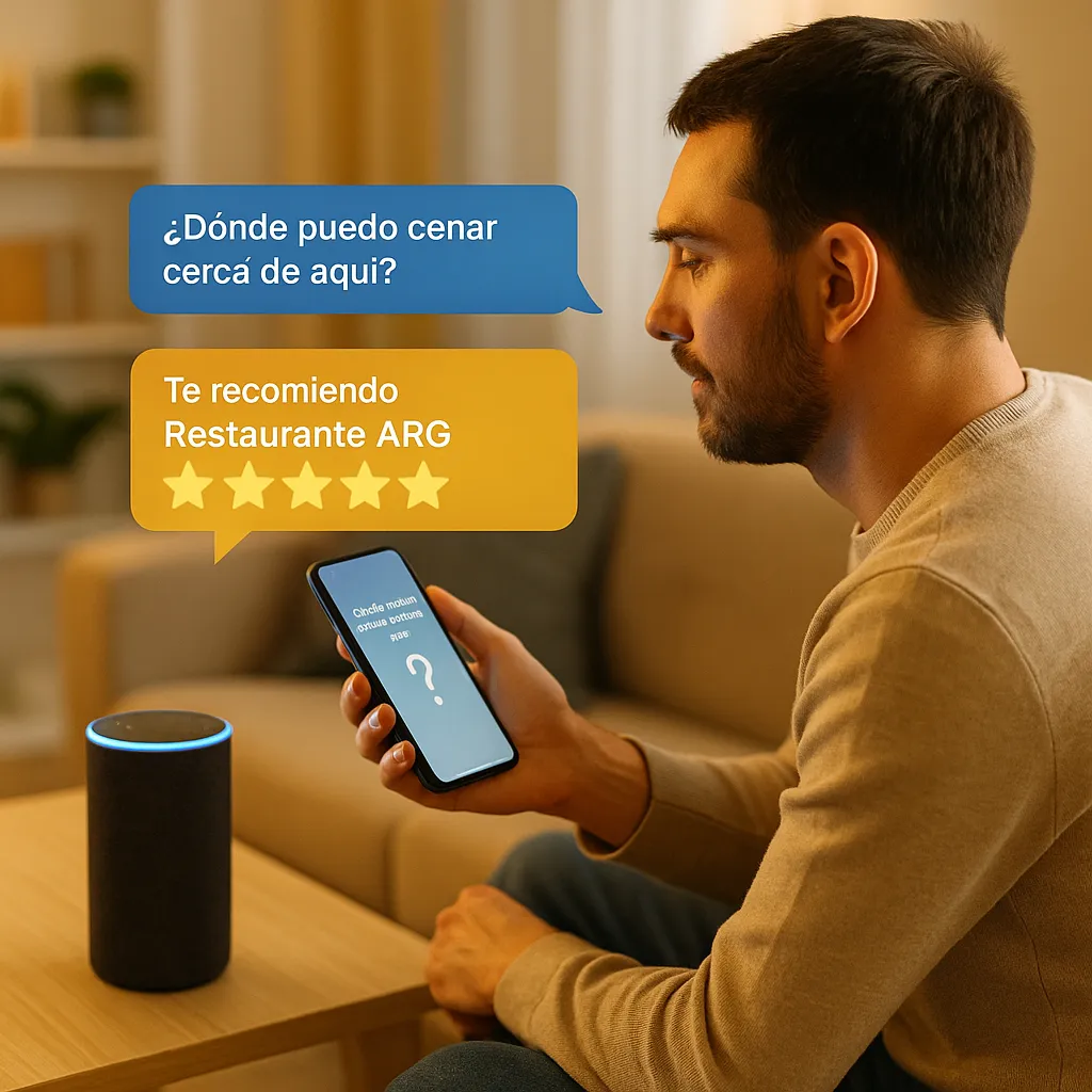 Persona preguntando a Alexa y recibiendo recomendación de un negocio local