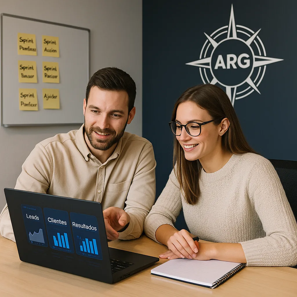 Consultores de ARG revisando métricas de un sprint de marketing digital