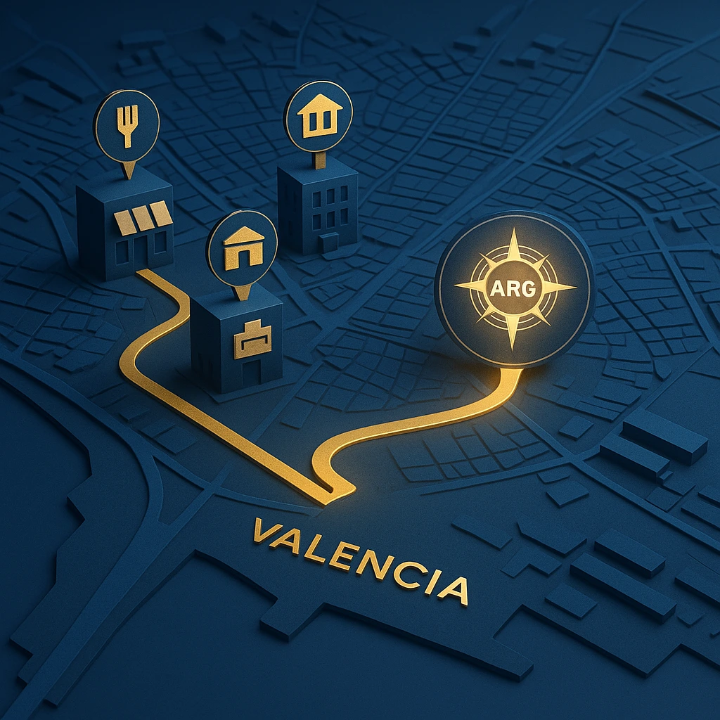 Mapa estilizado de Valencia con negocios conectados a consultoría ARG