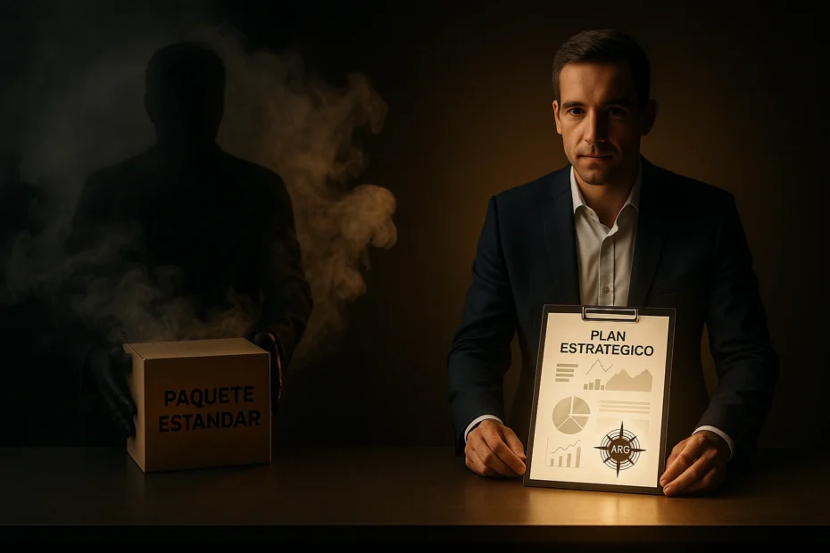 Figura vendiendo humo frente a consultor con estrategia clara