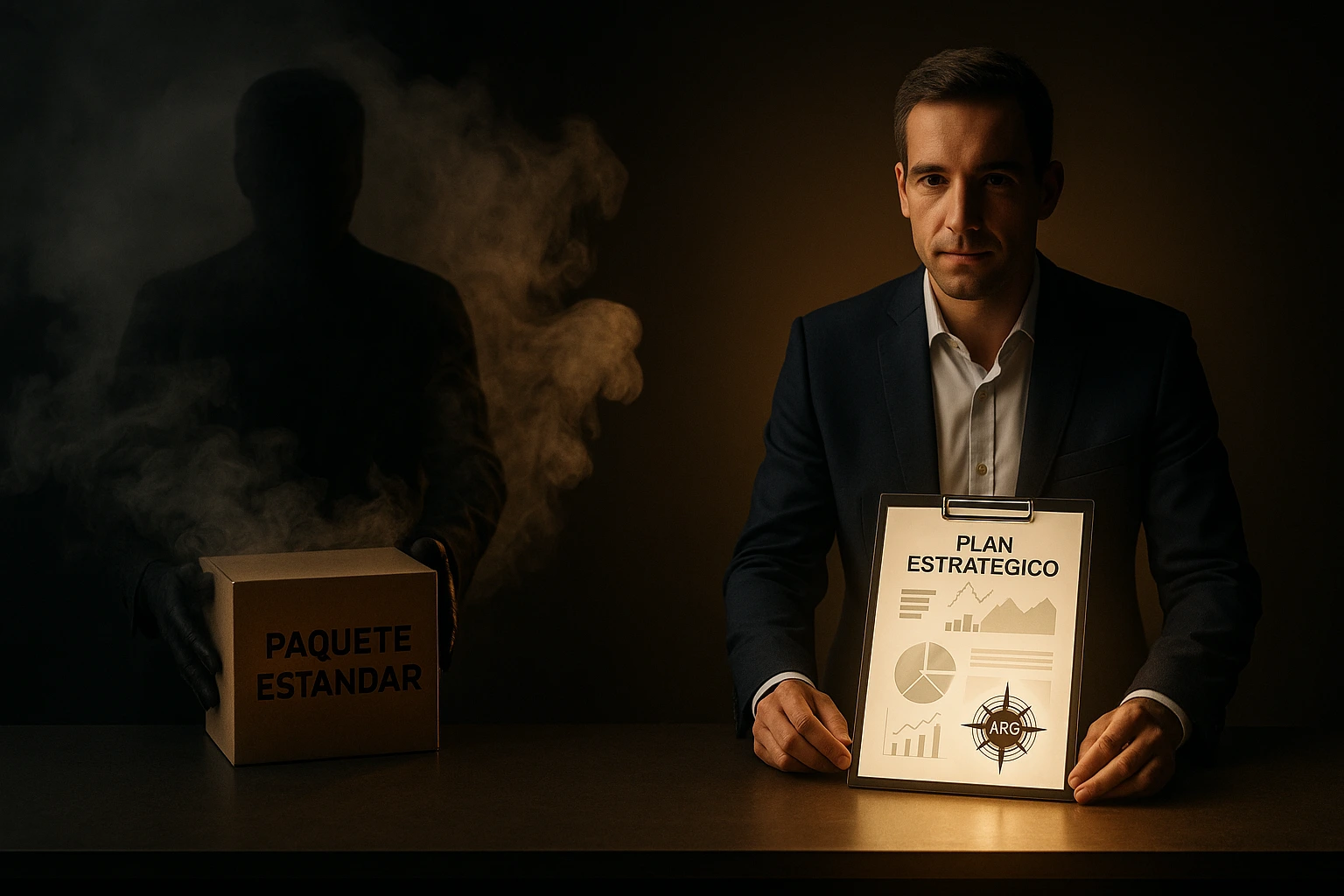 Figura vendiendo humo frente a consultor con estrategia clara