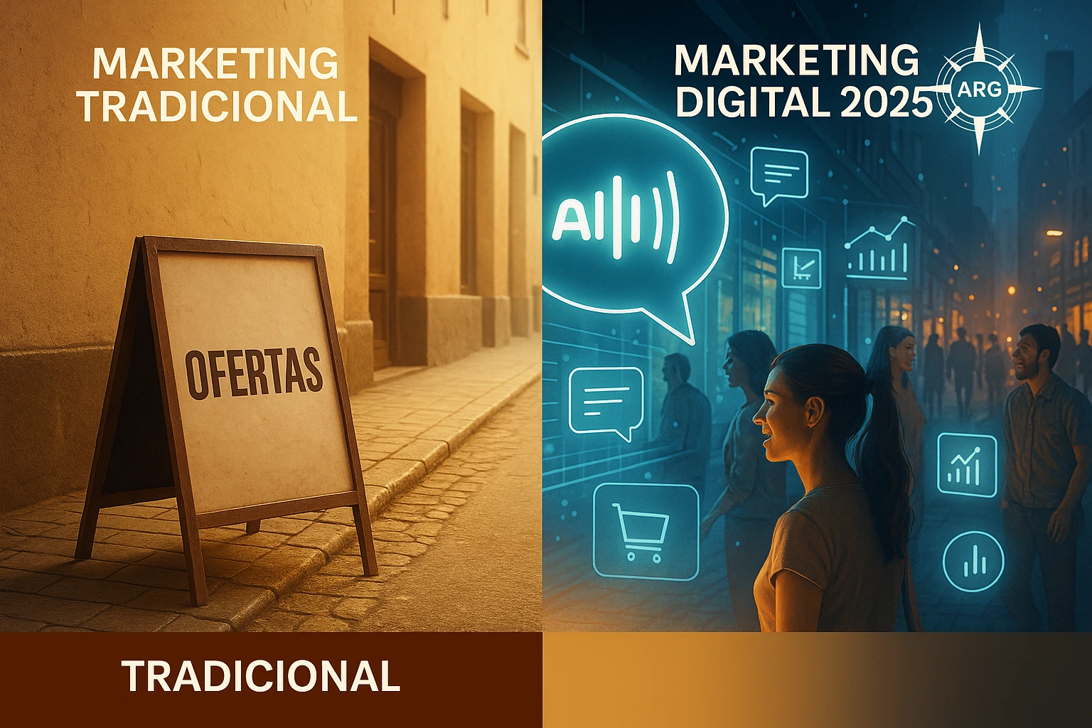 Comparación visual entre marketing tradicional y marketing digital 2025