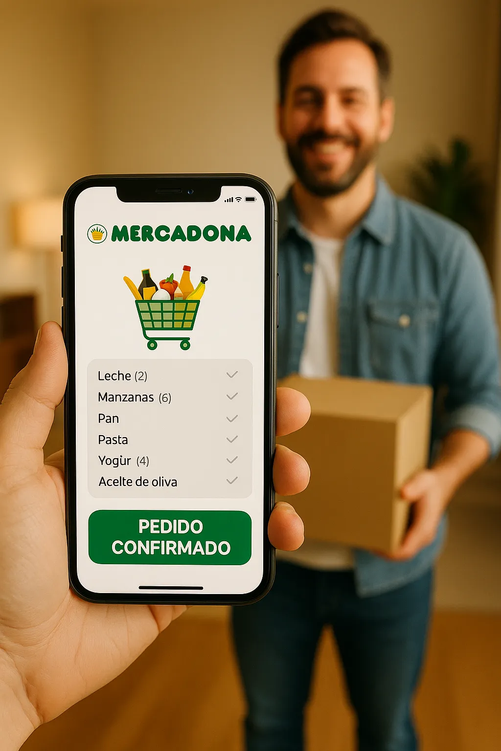 Cliente usando la app de Mercadona con compra confirmada