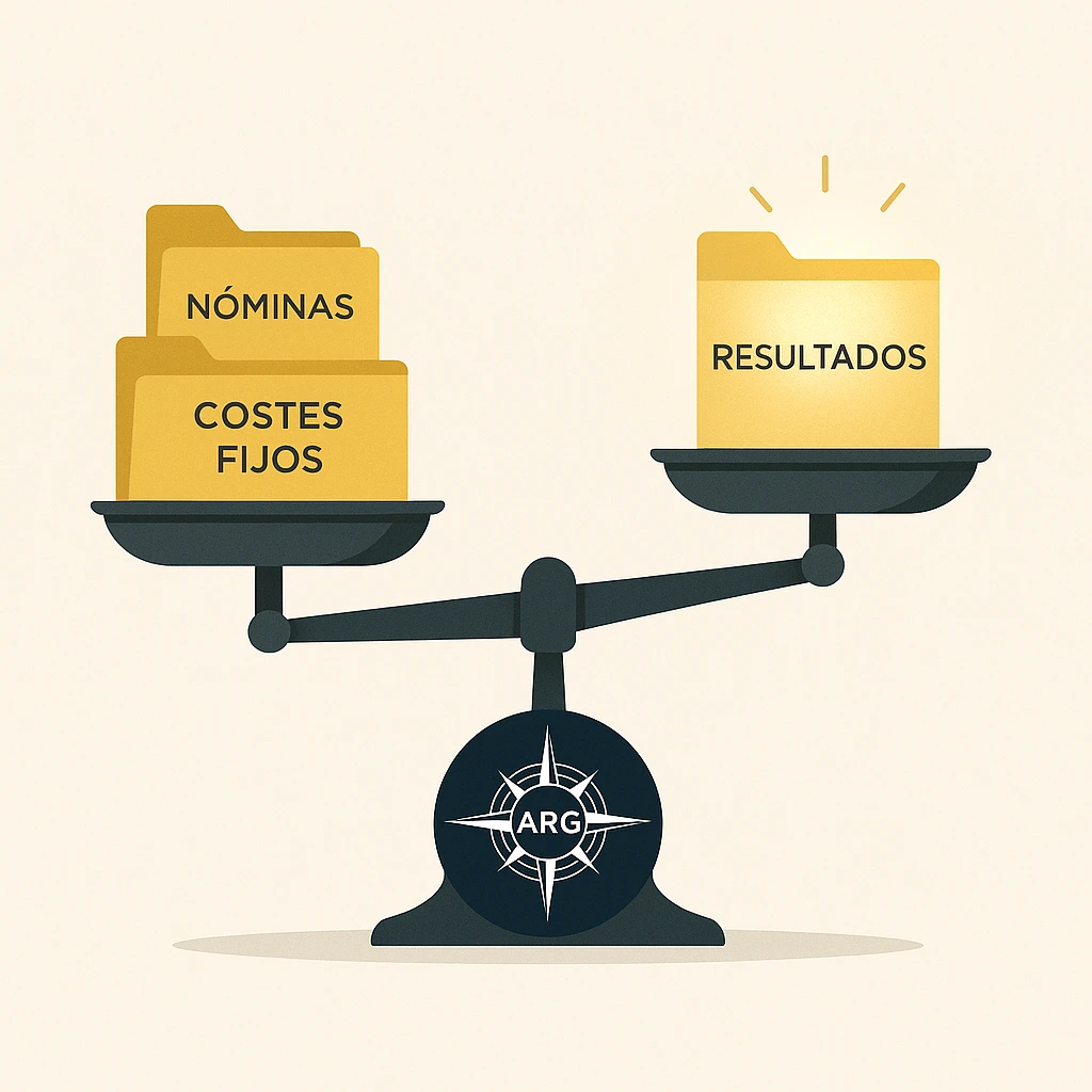 Balanza que compara costes internos con resultados al externalizar marketing