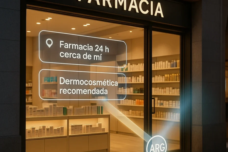 Farmacia moderna con proyecciones digitales de búsquedas conectadas a ARG