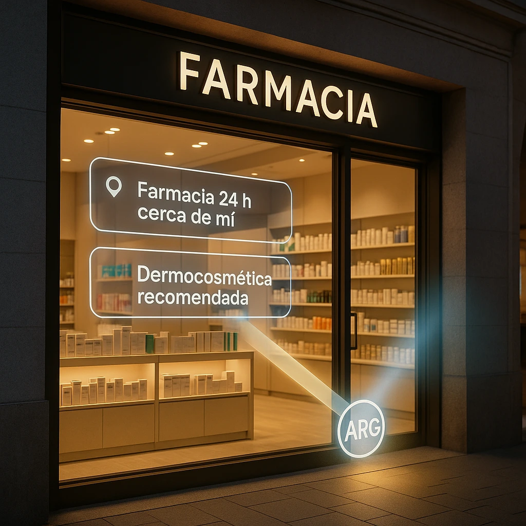 Farmacia moderna con proyecciones digitales de búsquedas conectadas a ARG