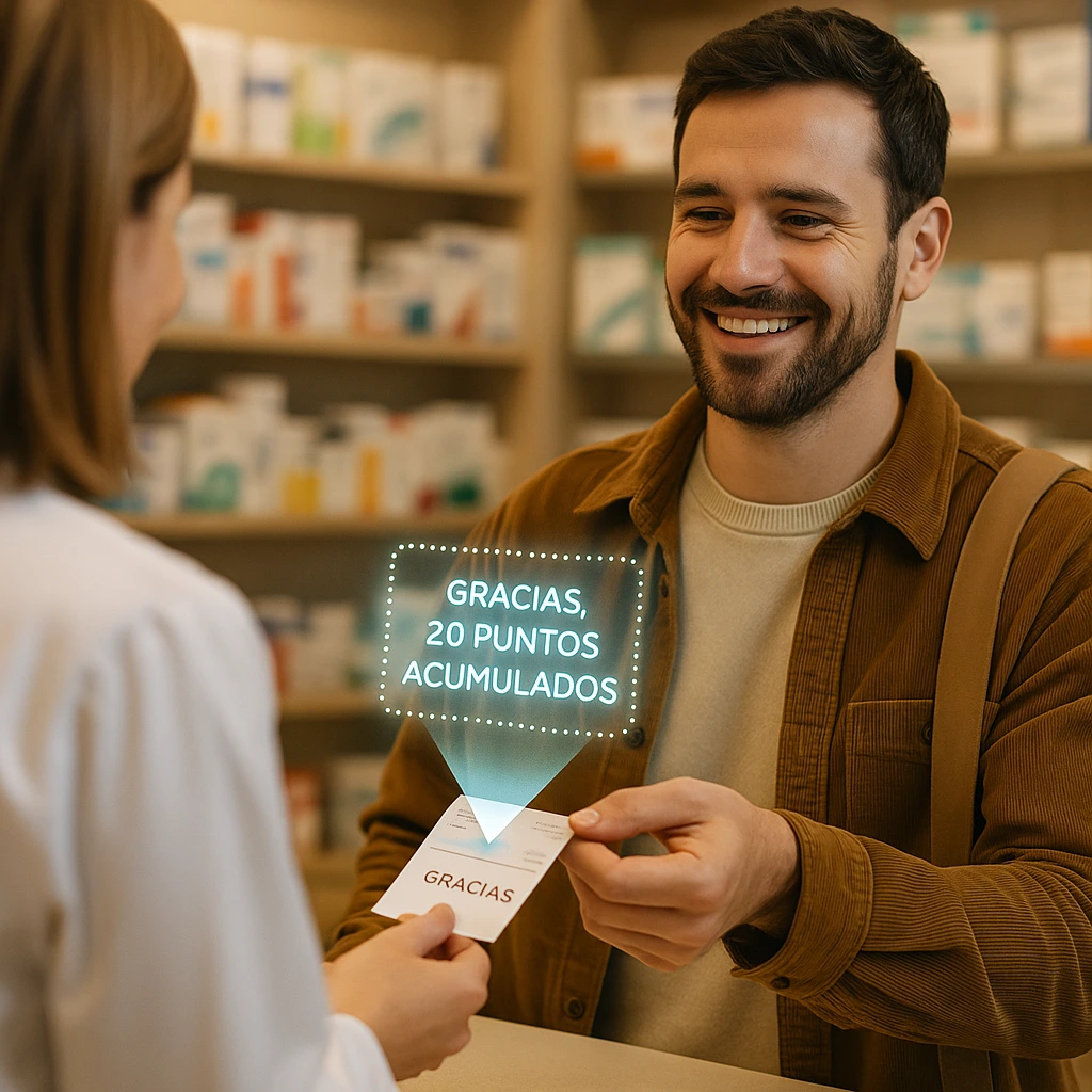 Cliente en farmacia recibiendo mensaje digital de fidelización