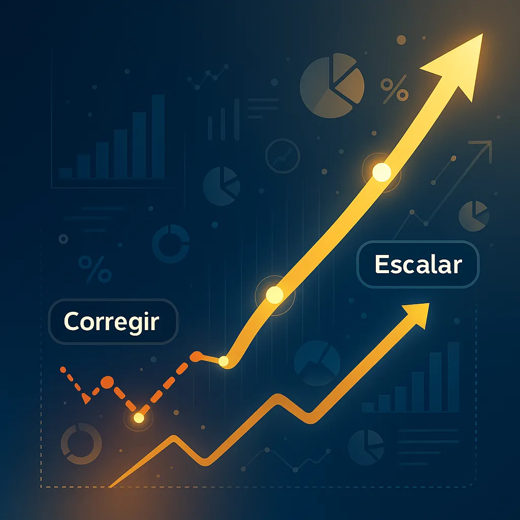 Gráfico ascendente mostrando fases de corrección y escalado en marketing digital