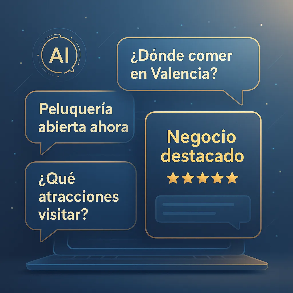 Ilustración de una IA recomendando un negocio con reseñas 5 estrellas