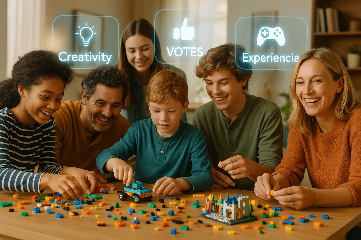 Grupo de personas construyendo juntos con Lego representando comunidad global