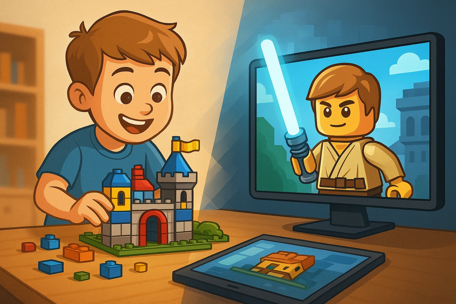 Niño jugando con Lego físico y en videojuego digital