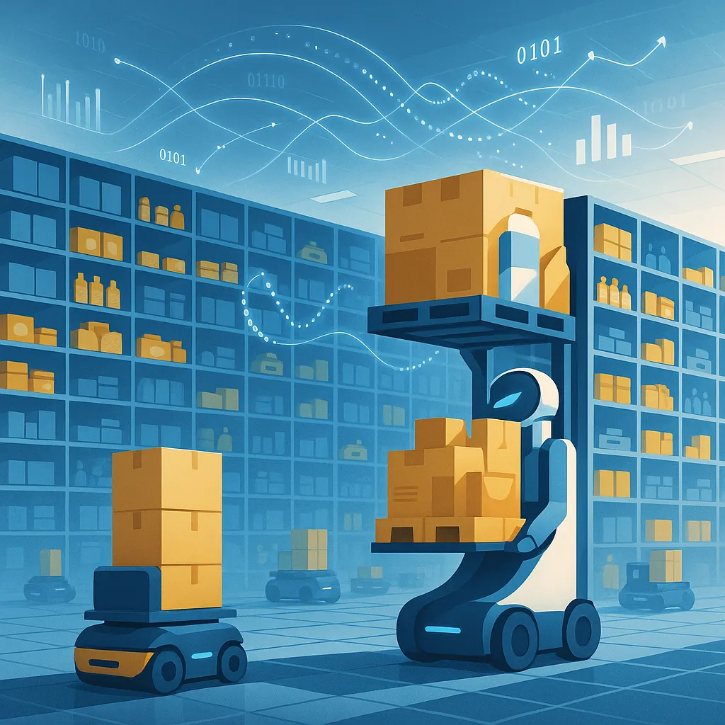 Ilustración de un almacén automatizado de Mercadona Tech con datos digitales