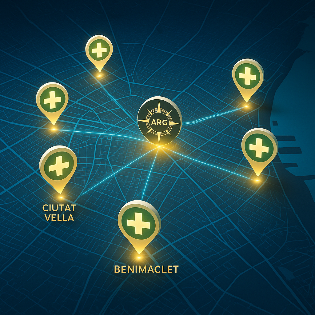 Mapa 3D de Valencia con farmacias conectadas al logotipo de ARG