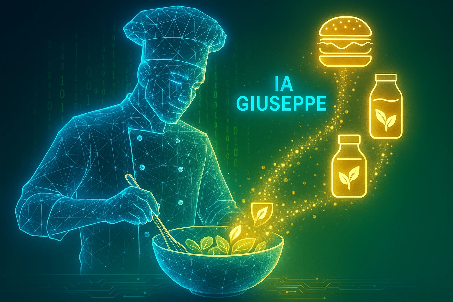 Ilustración de una IA holográfica creando recetas plant-based