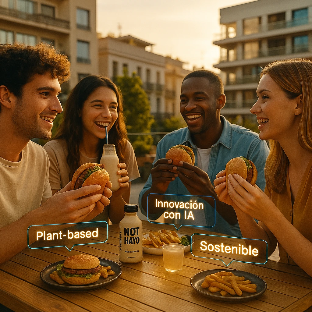 Visual que refleja cómo NotCo transforma ingredientes vegetales en productos plant-based con ayuda de IA.