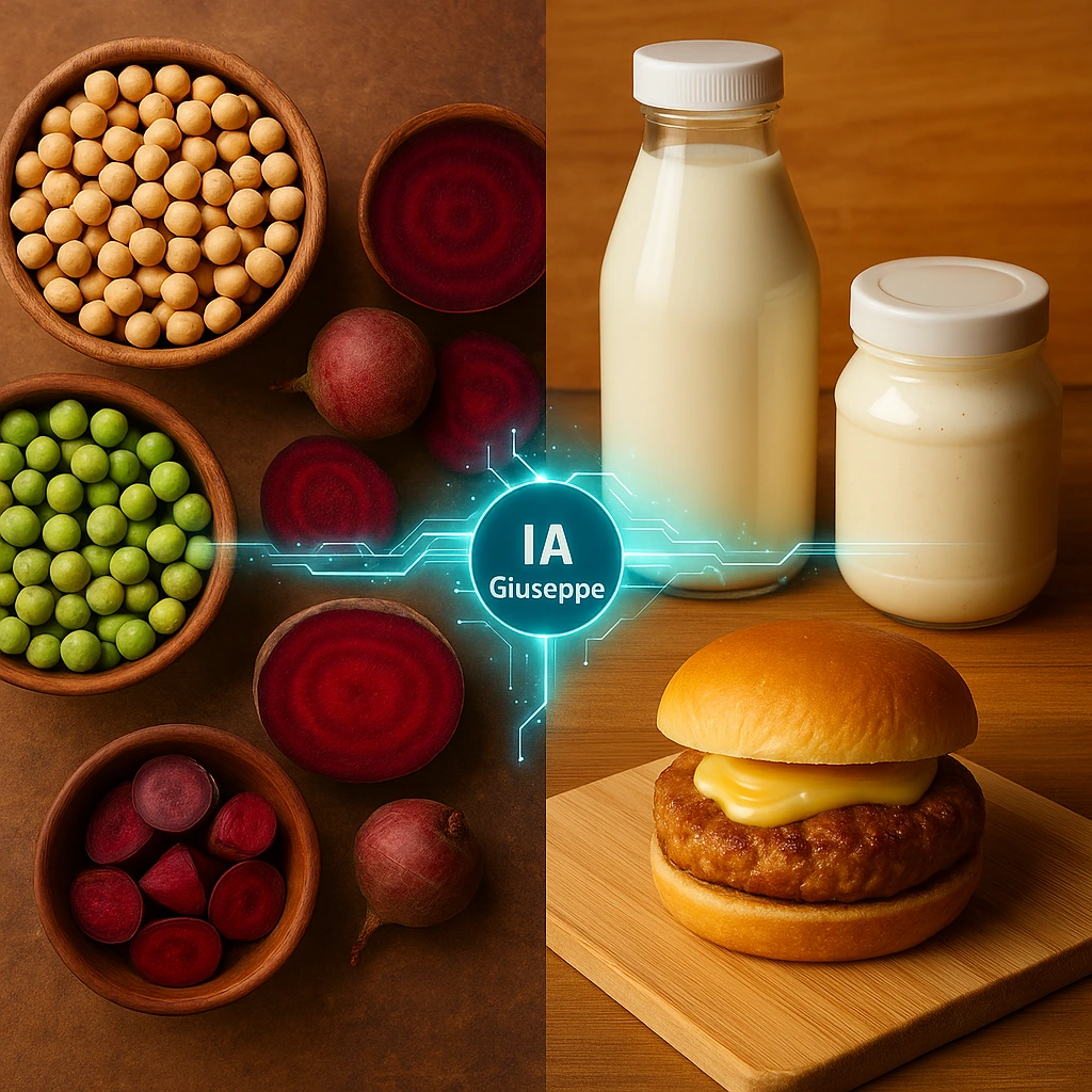 Comparación visual de vegetales transformados en productos plant-based gracias a la IA