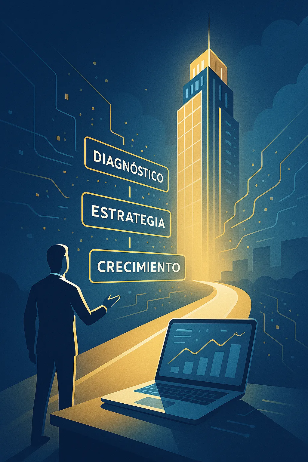 Camino digital con hitos de diagnóstico, estrategia y crecimiento