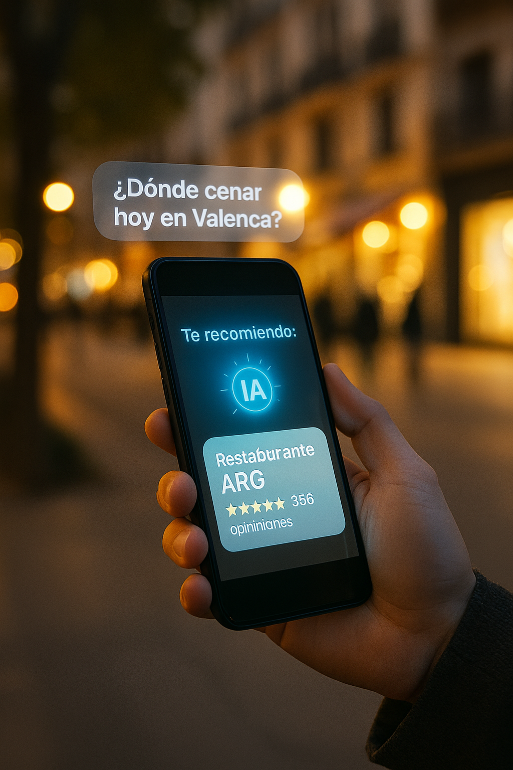 Persona preguntando a la IA con negocio recomendado en pantalla