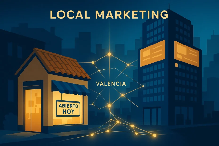 Ilustración que muestra cómo pymes y grandes marcas se conectan mediante marketing local en Valencia
