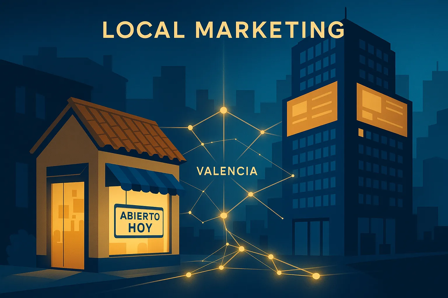 Ilustración que muestra cómo pymes y grandes marcas se conectan mediante marketing local en Valencia