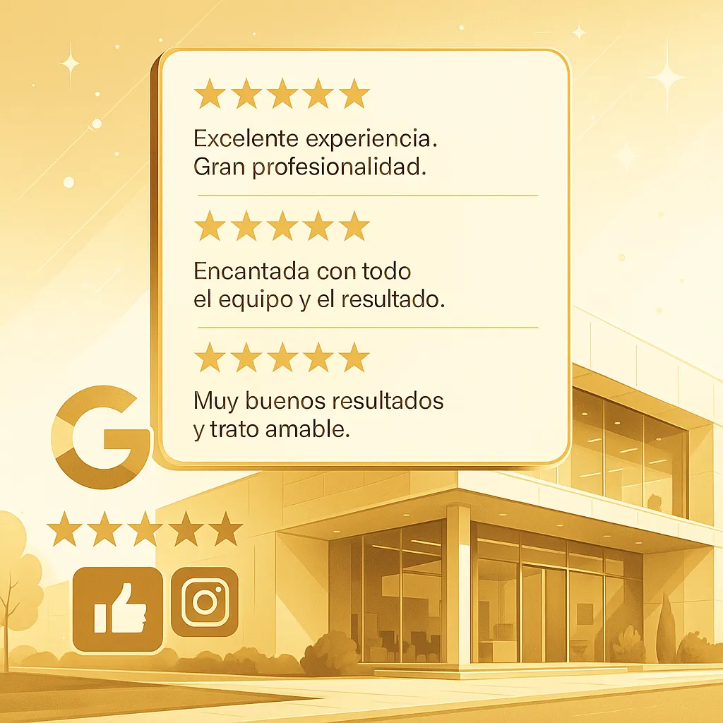 Panel digital con reseñas 5 estrellas de pacientes en clínica estética