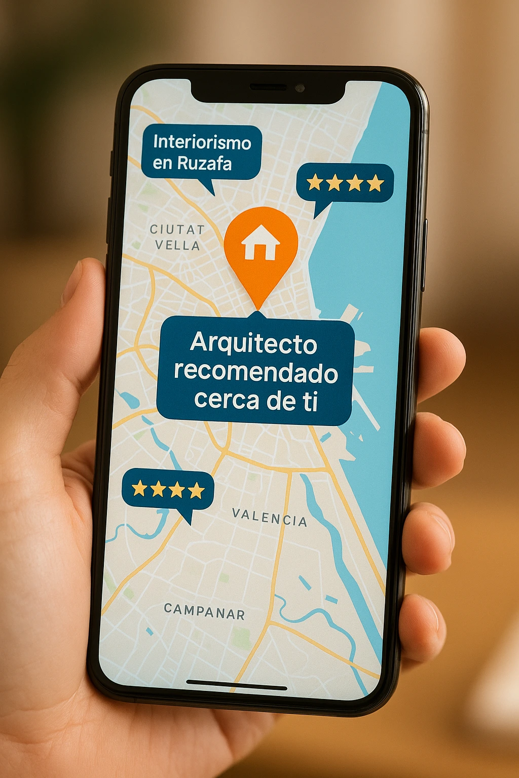 Mapa de Valencia en smartphone destacando un despacho de arquitectura con reseñas