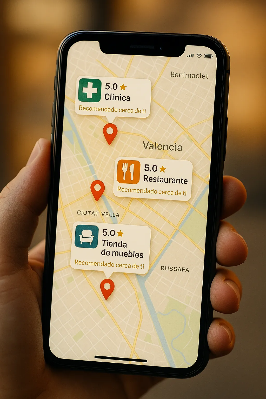 Mapa digital de Valencia con negocios locales destacados en búsquedas móviles