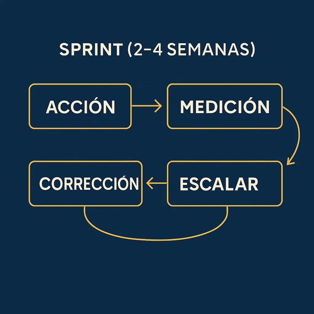 Tablero digital mostrando fases de un sprint estratégico en marketing