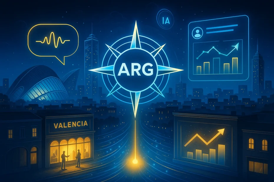 Vista futurista de Valencia con hologramas digitales y logotipo de ARG