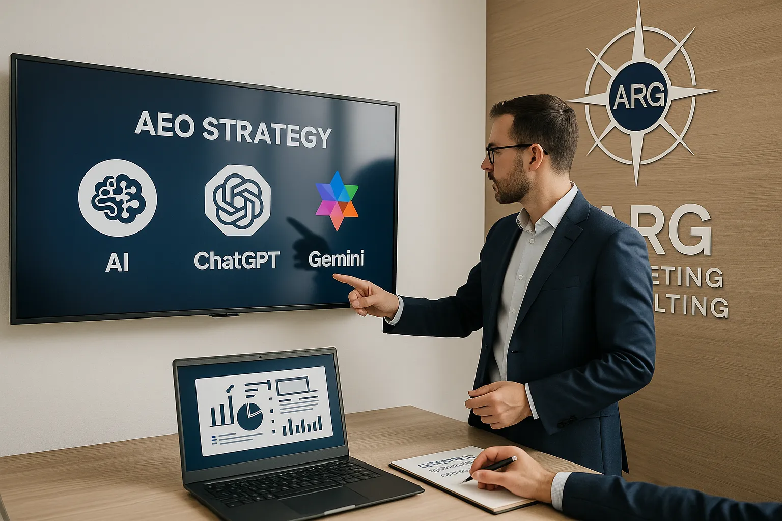 Consultor de ARG explicando estrategia AEO e IA a cliente