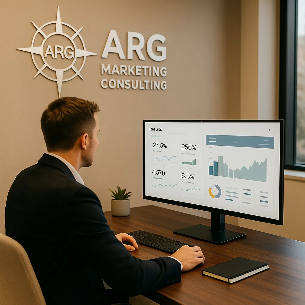 Consultor de ARG mostrando estrategia a cliente en oficina de Valencia