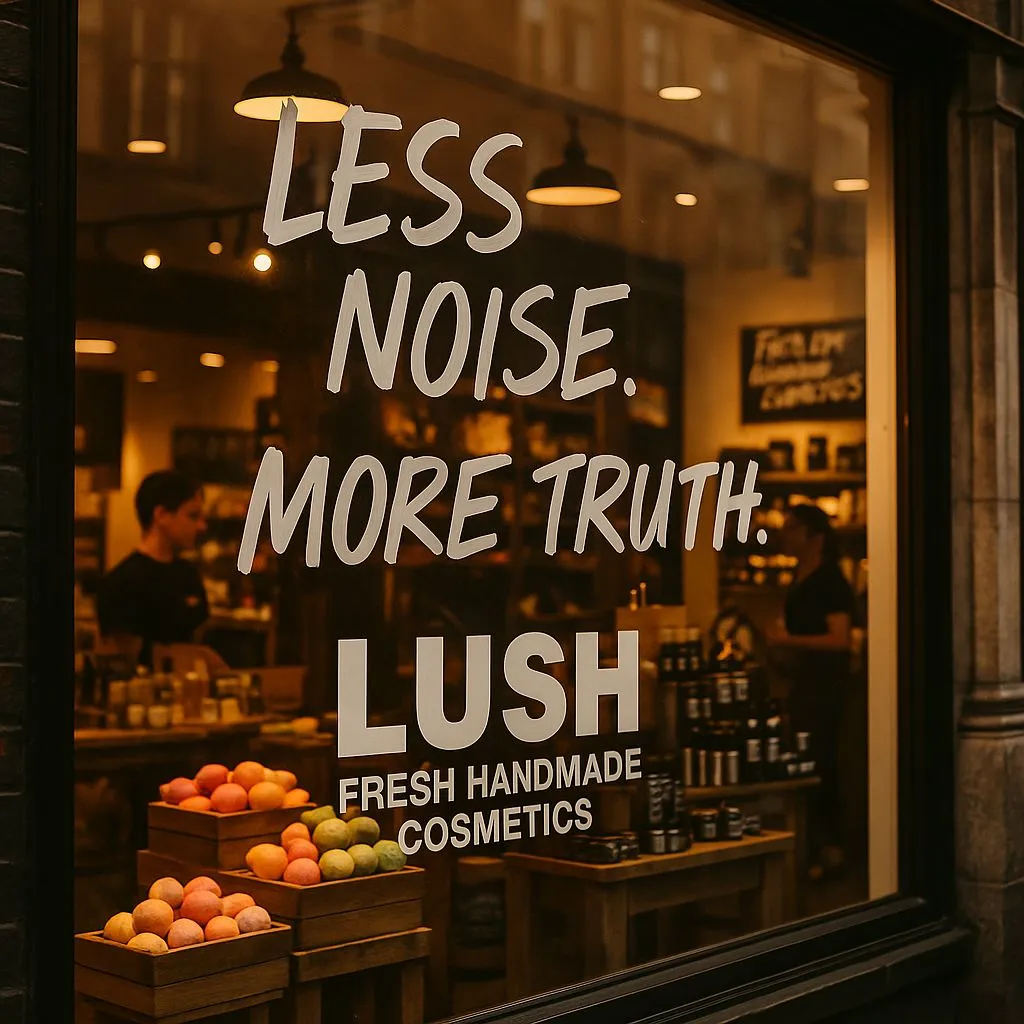 Escaparate de Lush con mensaje sobre comunicación honesta