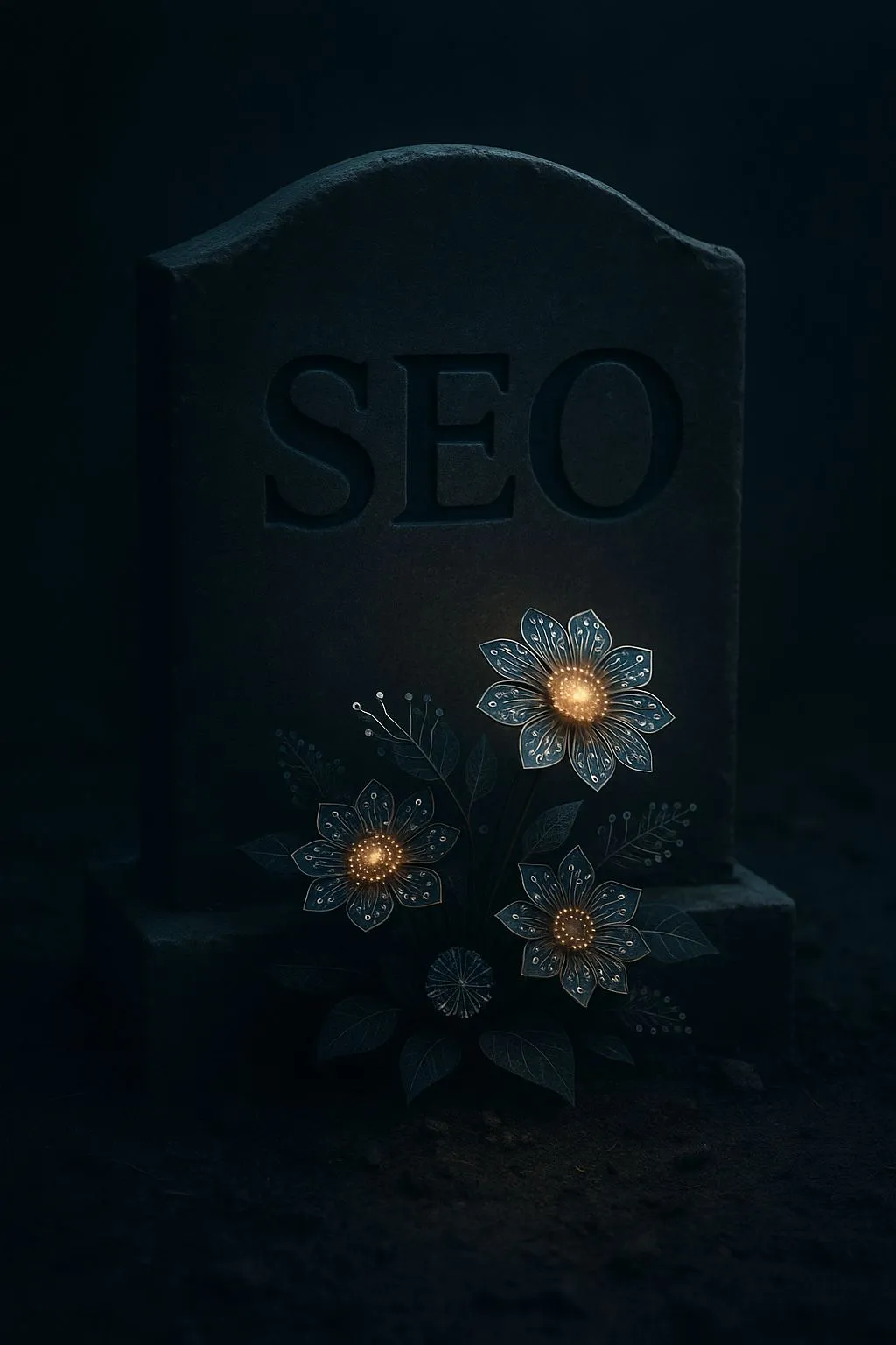 Tumba simbólica del SEO representando el cambio hacia el AEO