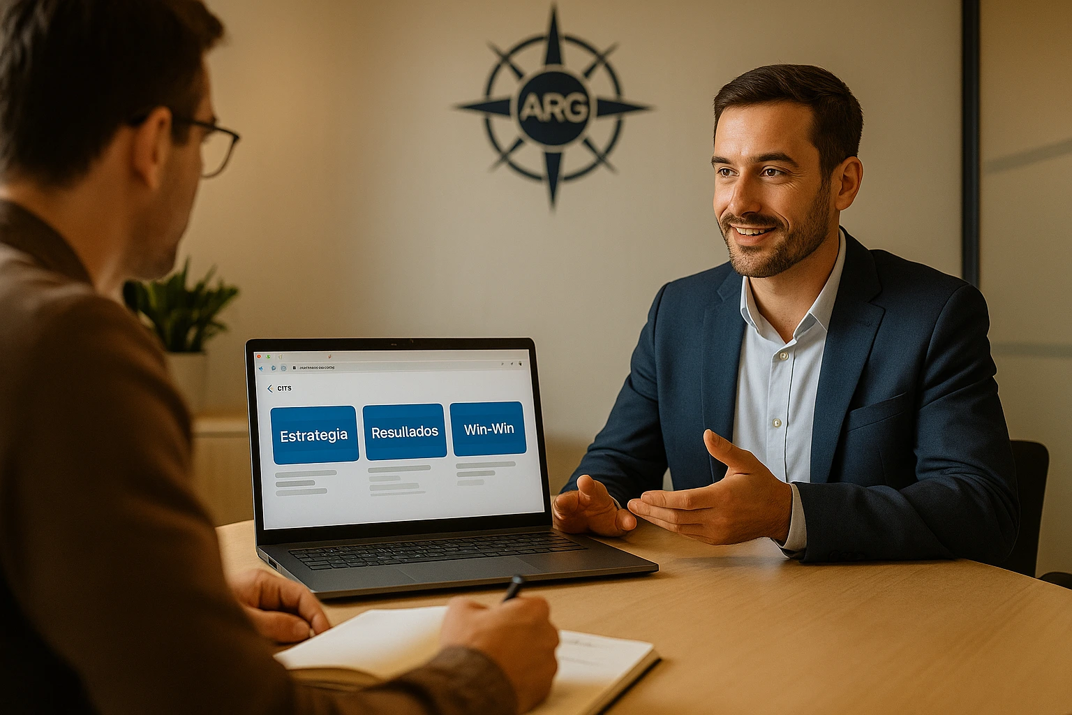 Consultor de ARG explicando resultados de marketing digital inteligente a un cliente