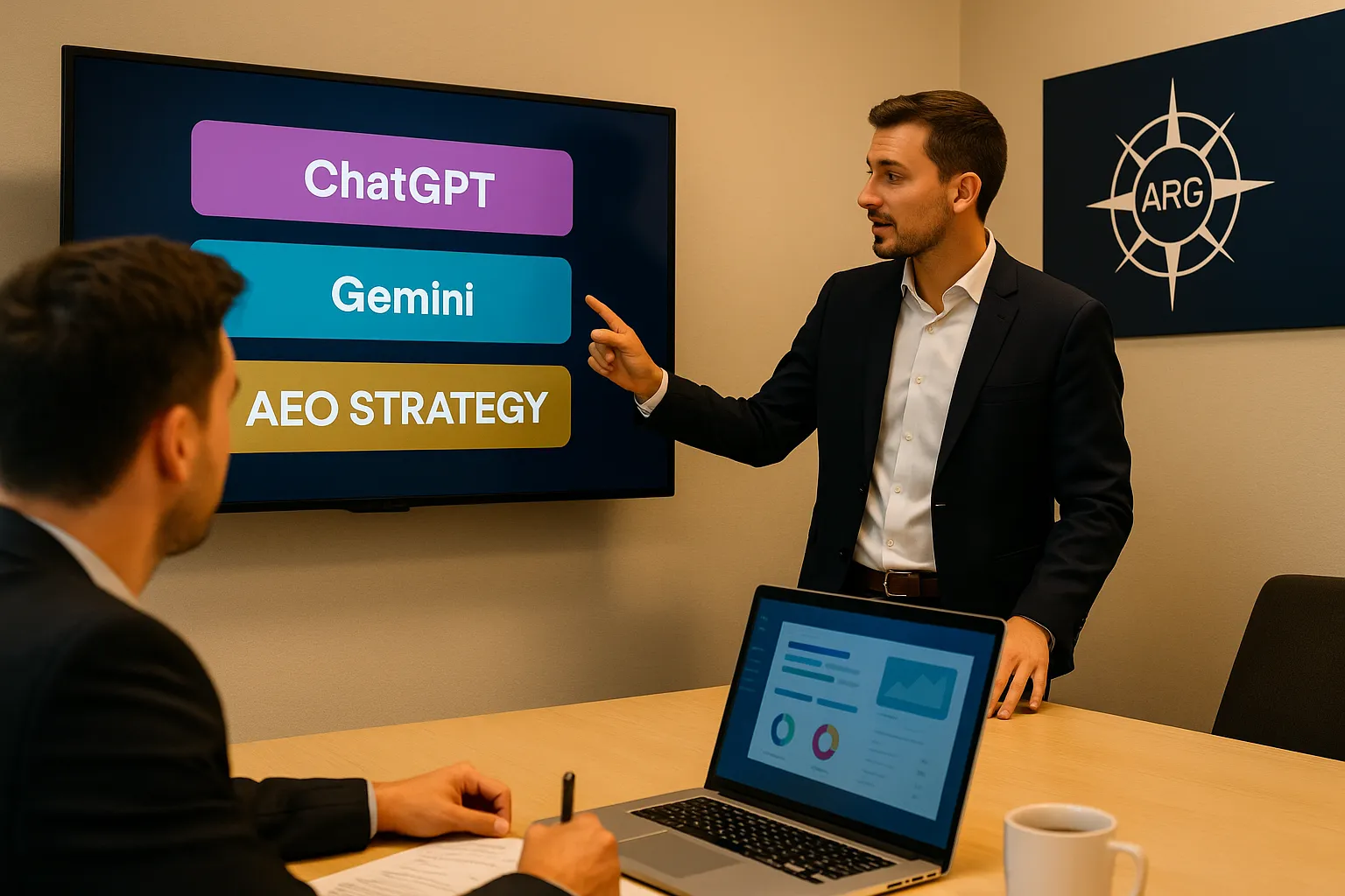Consultor de ARG mostrando estrategia AEO a un cliente