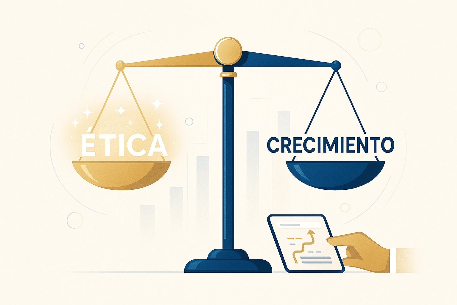 Balanza conceptual que representa equilibrio entre ética y crecimiento