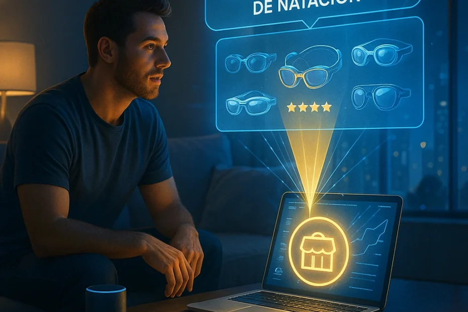 Ilustración futurista de un cliente pidiendo un producto y la IA seleccionando un negocio recomendado